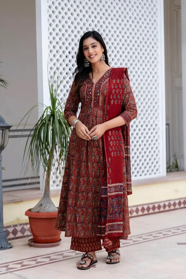 Red_Pure_Cotton_Kalamkari_Print_Anarkali_Kurta_And_Palazzo_With_Dupatta_Set_for_Women