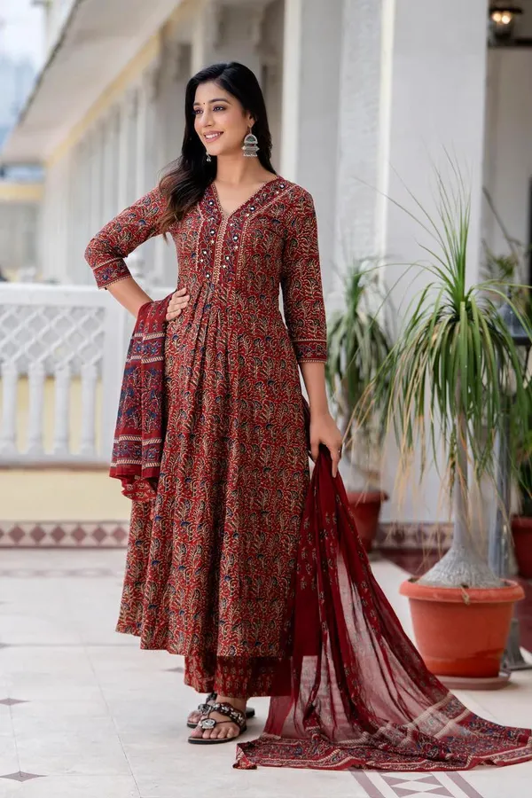 Red_Pure_Cotton_Kalamkari_Print_Anarkali_Kurta_And_Palazzo_With_Dupatta_Set_for_Women