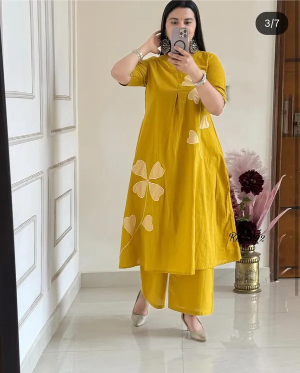 Yellow_Cotton_Premium_Kurta_Pant_Set_For_Women