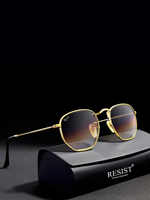 UV_Protected_Gold_Brown_Gradient_Round_Hexagonal_Sunglasses_For_Men_&_Women