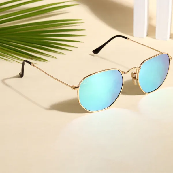 UV_Protected_Gold_Aqua_Reflector_Round_Hexagonal_Sunglasses_For_Men_&_Women