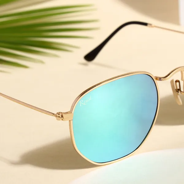 UV_Protected_Gold_Aqua_Reflector_Round_Hexagonal_Sunglasses_For_Men_&_Women