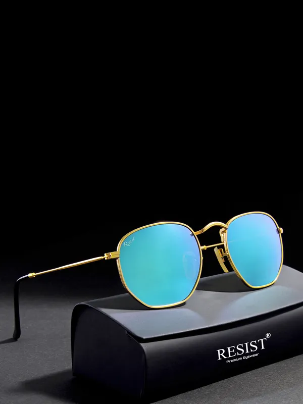 UV_Protected_Gold_Aqua_Reflector_Round_Hexagonal_Sunglasses_For_Men_&_Women