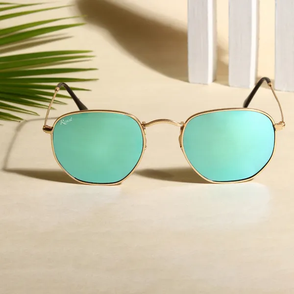 UV_Protected_Gold_Aqua_Reflector_Round_Hexagonal_Sunglasses_For_Men_&_Women
