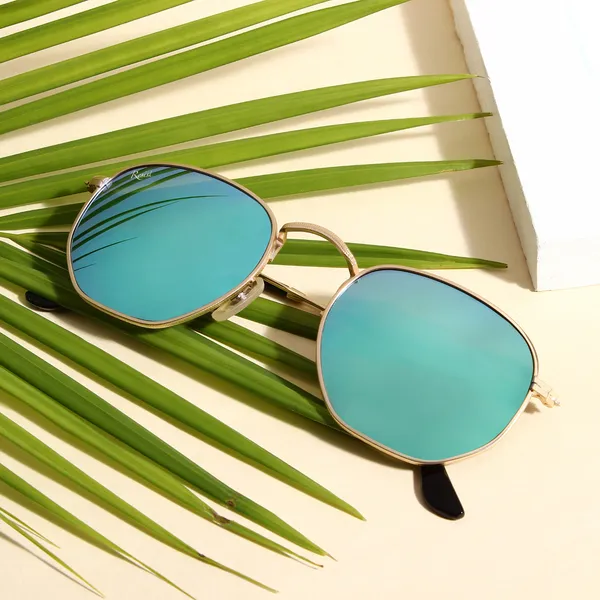 UV_Protected_Gold_Aqua_Reflector_Round_Hexagonal_Sunglasses_For_Men_&_Women