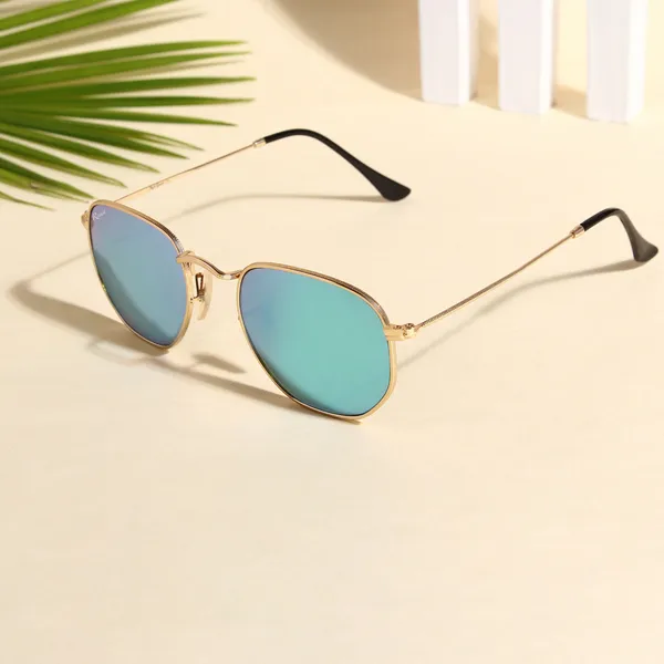 UV_Protected_Gold_Aqua_Reflector_Round_Hexagonal_Sunglasses_For_Men_&_Women