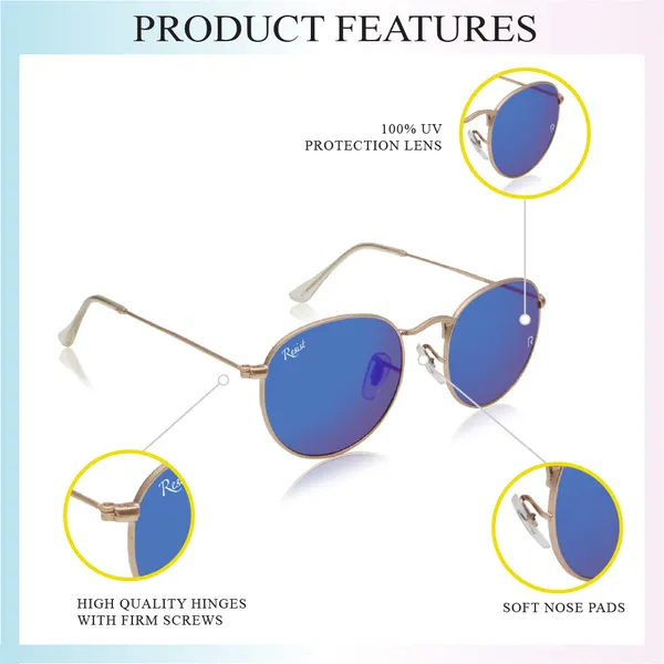 UV_Protected_Gold_Blue_Reflector_Round_Sunglasses_For_Men_&_Women