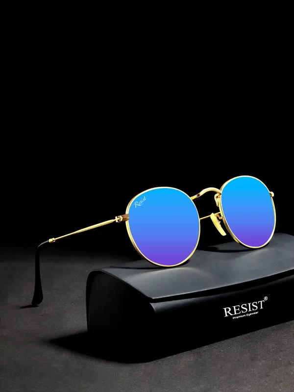 UV_Protected_Gold_Blue_Reflector_Round_Sunglasses_For_Men_&_Women