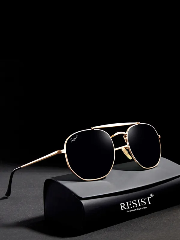UV_Protected_Gold_Black_Hexagonal_Sunglasses_For_Men_&_Women