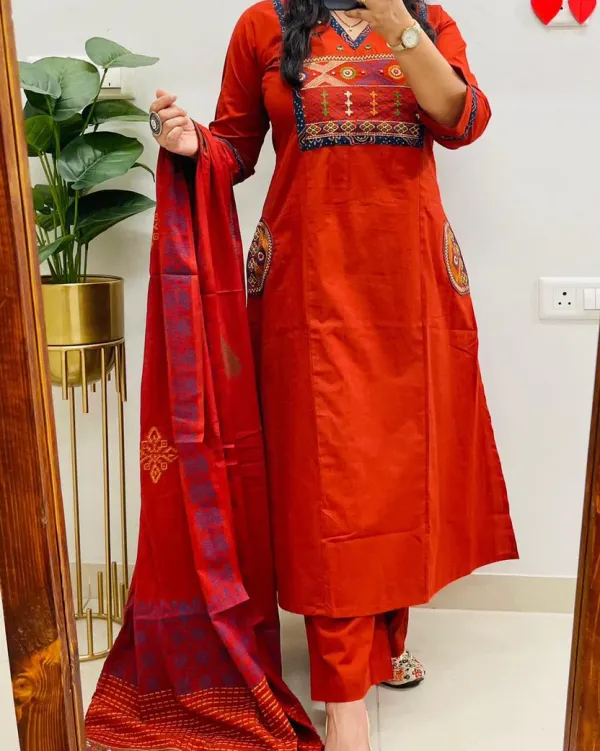 Orange_Embroidered_Cotton_Kurti_Pant_with_Dupatta_Suit_Set_Princess_Cut