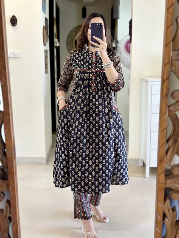 Black_Pure_Cotton_Ajrakh_Ethnic_Kurta_Set_For_Women_&_Girls