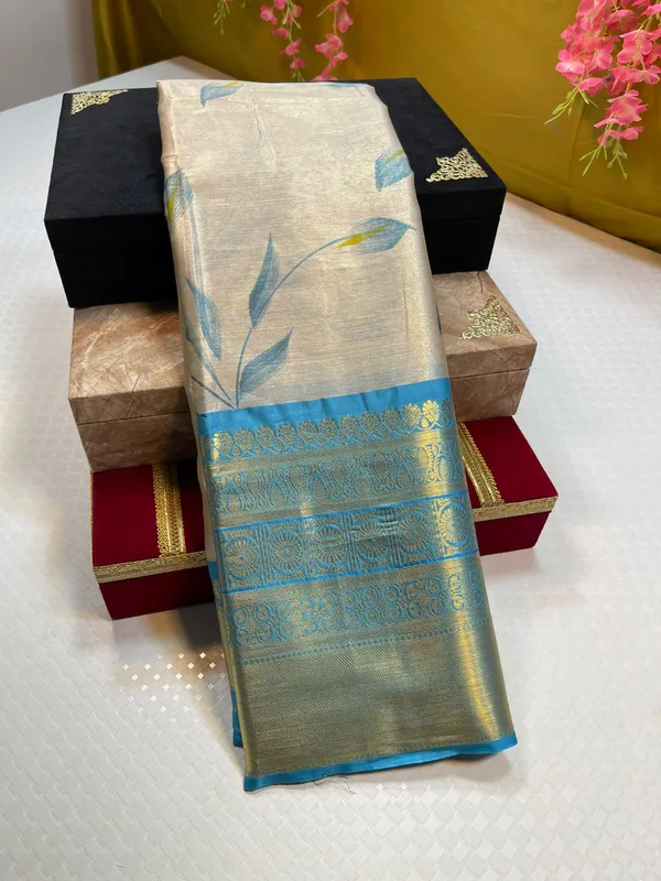 Moosee_Tissue_Silk_Floral_Handpainted_Jaal_Boota_Contrast_Blue_Border_Banarasi_Saree_MS_MTS7