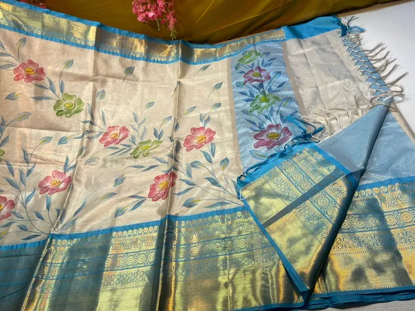 Moosee_Tissue_Silk_Floral_Handpainted_Jaal_Boota_Contrast_Blue_Border_Banarasi_Saree_MS_MTS7