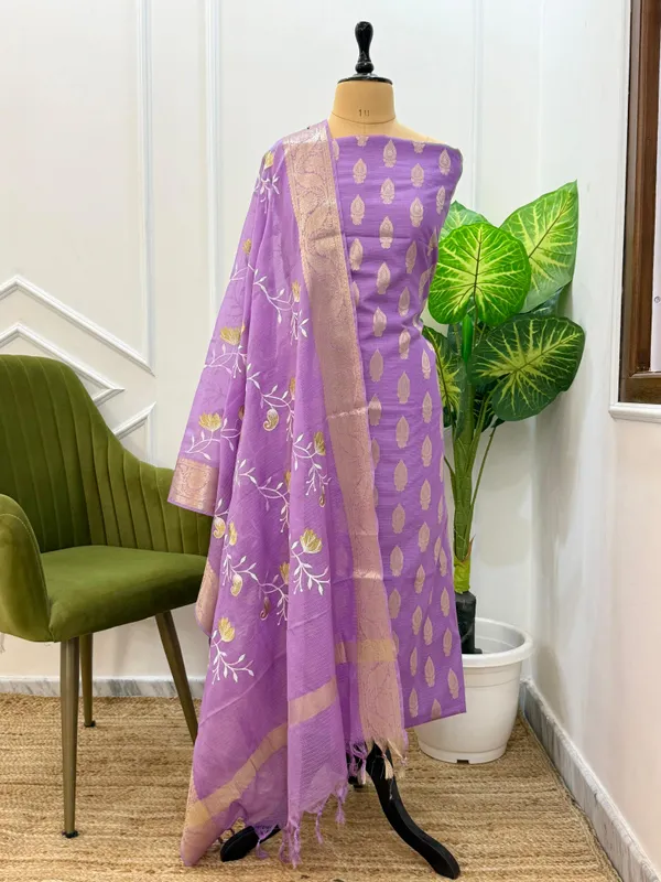 Purple_Kota_Check_Floral_Zari_Booti_Banarasi_Suit_with_Floral_Jaal_Embroidery_Dupatta_130PNJ_KC3