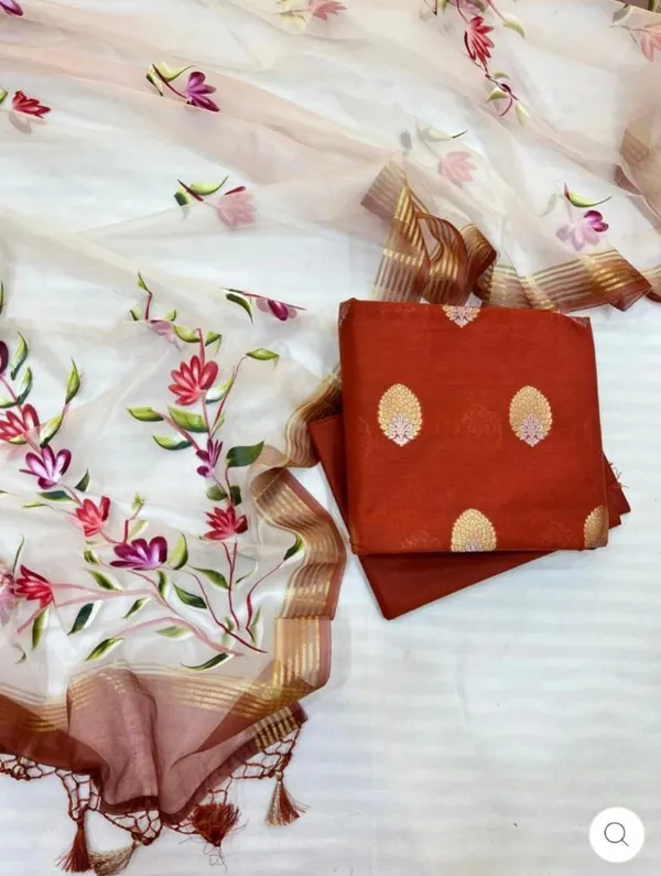 Red_Pure_Mercerised_Lurex_Weave_Banarasi_Suit_with_Handbrush_Floral_Organza_Silk_Dupatta_1200SKL_OS2