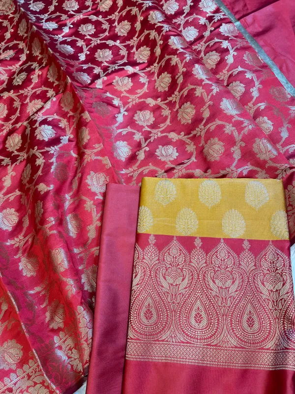 Mustard_Art_Silk_Floral_Zari_Boota_Contrast_Banarasi_Suit_with_Red_Dupatta_625AJ_TPT12