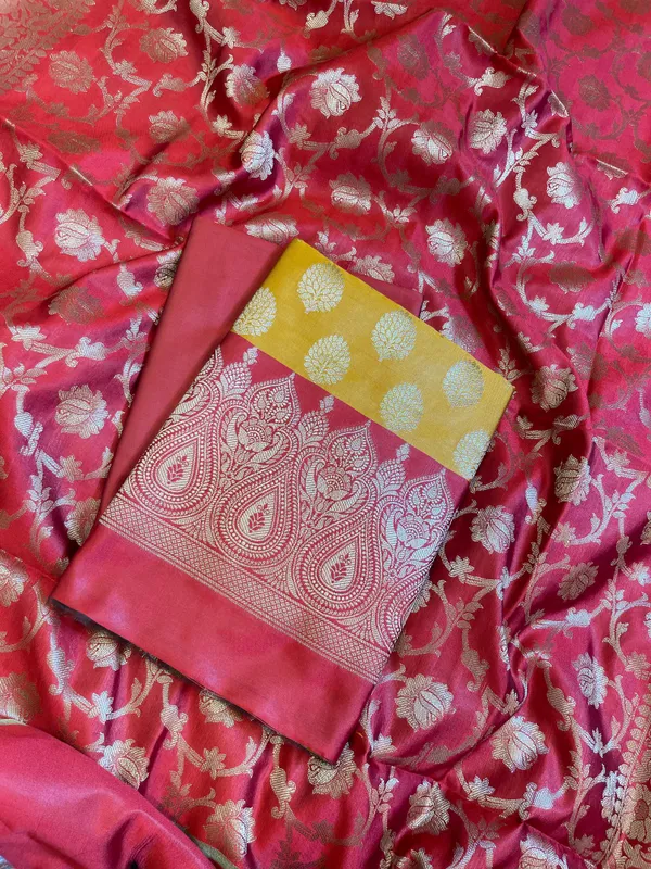 Mustard_Art_Silk_Floral_Zari_Boota_Contrast_Banarasi_Suit_with_Red_Dupatta_625AJ_TPT12