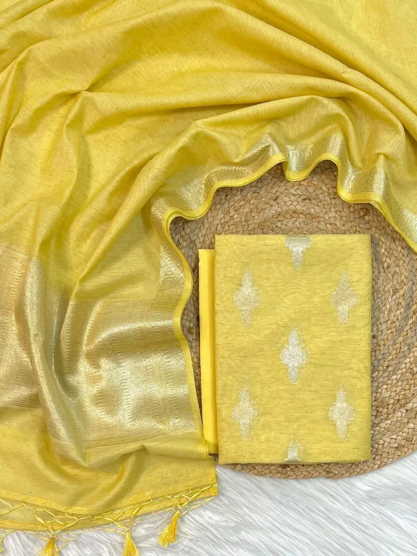 Yellow_Linen_Dupion_Booti_With_Contrast_Dye_Dupatta_Banarasi_3_Pcs_Suit_Set_Skl_Ln21