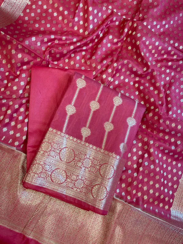 Dark_Pink_Mercerise_Cotton_Floral_Stripe_Zari_with_Chunri_Booti_Dupatta_Banarasi_Suit_Set