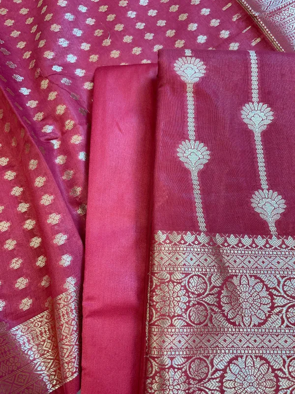 Dark_Pink_Mercerise_Cotton_Floral_Stripe_Zari_with_Chunri_Booti_Dupatta_Banarasi_Suit_Set