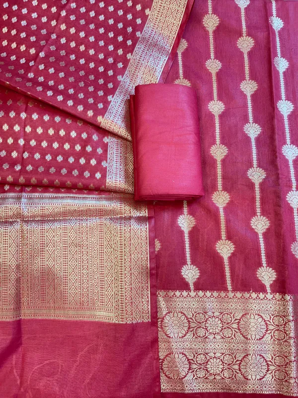 Dark_Pink_Mercerise_Cotton_Floral_Stripe_Zari_with_Chunri_Booti_Dupatta_Banarasi_Suit_Set