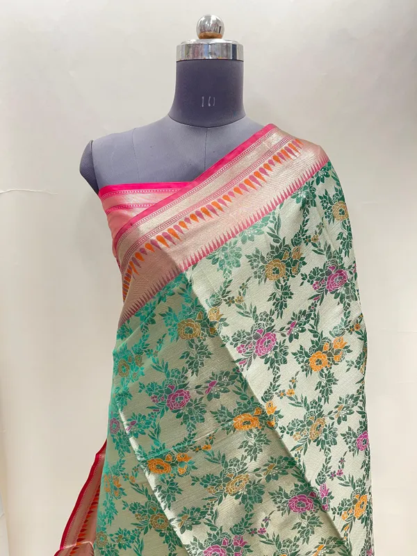 Humairah_Presents_Green_Art_Silk_Floral_Tilfi_Mina_Zari_Jaal_with_Contrast_Pink_Minakari_Boota_Pallu_Double_Mina_Zari_Border_and_Pink_Blouse