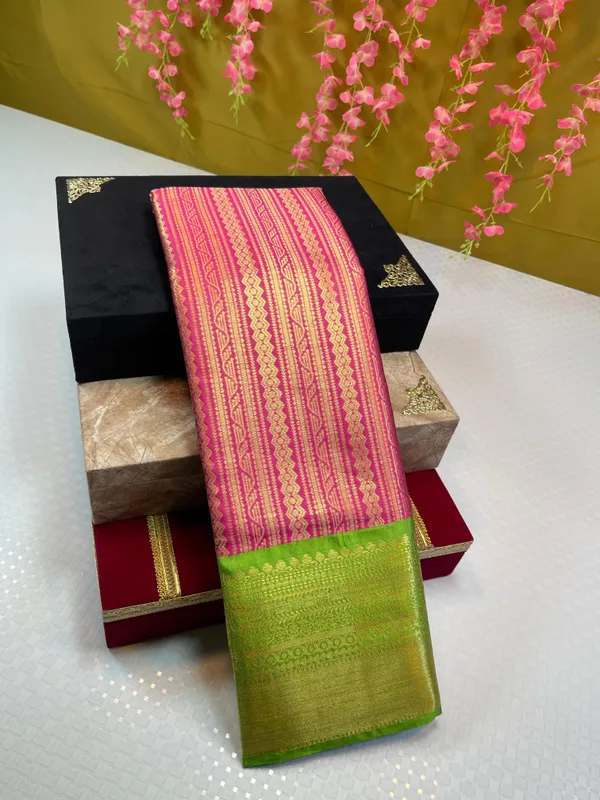 Pink_Semi_Kanchi_Silk_Stripe_Zari_Contrast_Green_Zari_Border_Banarasi_Saree_MS_SK40