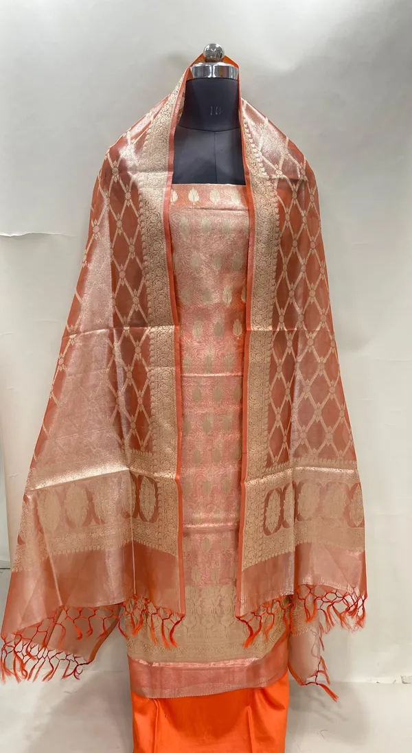 Humairah_Orange_Tissue_Silk_Floral_Zari_Booti_3_pcs_Suit_Set_with_Plain_Bottom_and_Floral_Zari_Checkered_Stripe_Orange_Dupatta