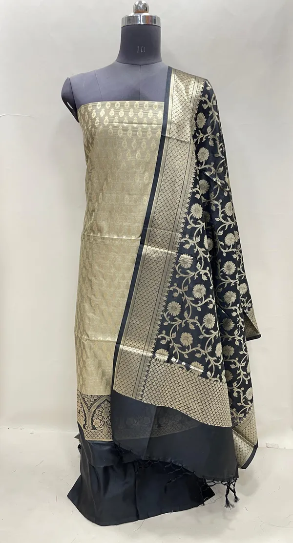 Humairah_Presents_Olive_Semi_Katan_Silk_3_pcs_Suit_Set_with_Contrast_Black_Plain_Bottom_and_Top_Floral_Zari_Booti_with_Alfi_Jaal_Black_Dupatta_ASD_112