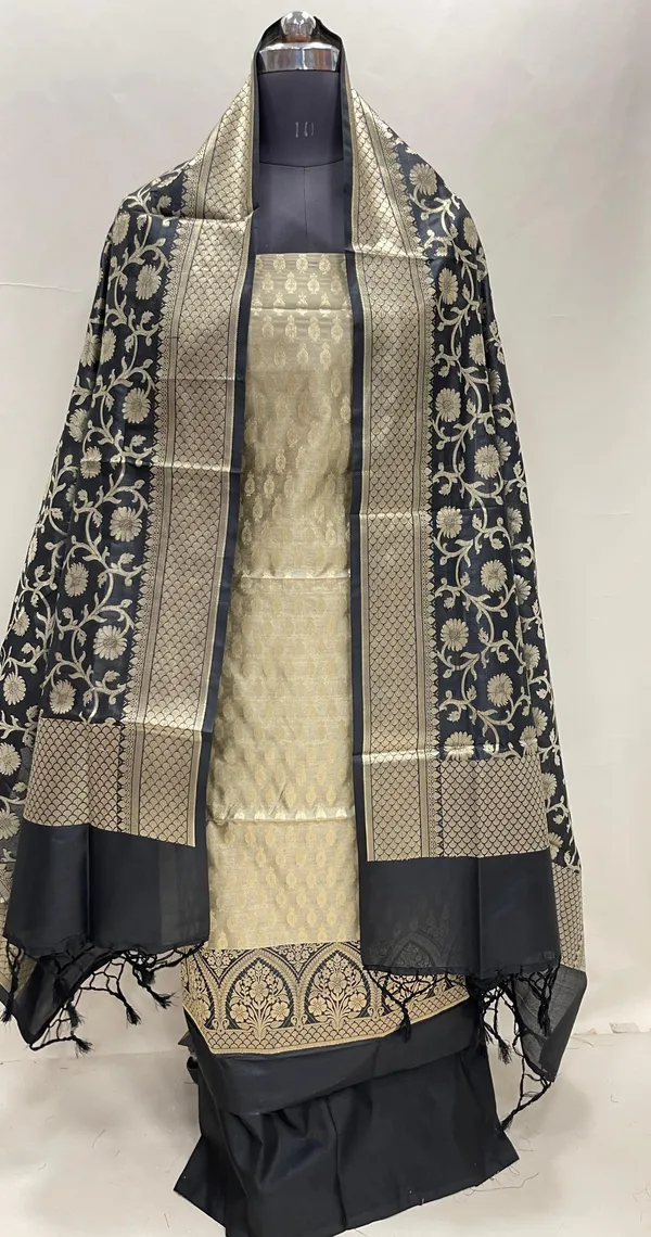 Humairah_Presents_Olive_Semi_Katan_Silk_3_pcs_Suit_Set_with_Contrast_Black_Plain_Bottom_and_Top_Floral_Zari_Booti_with_Alfi_Jaal_Black_Dupatta_ASD_112