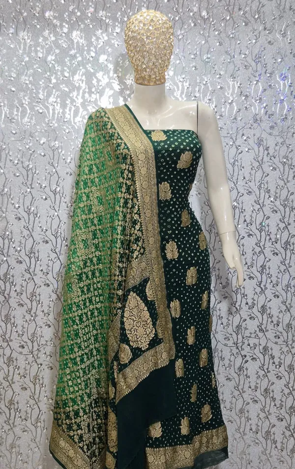 Pure_Handloom_Dark_Green_Khaddi_Georgette_Banarasi_Suit_with_Contrast_Bandhani_Dupatta_78SKL_KG2