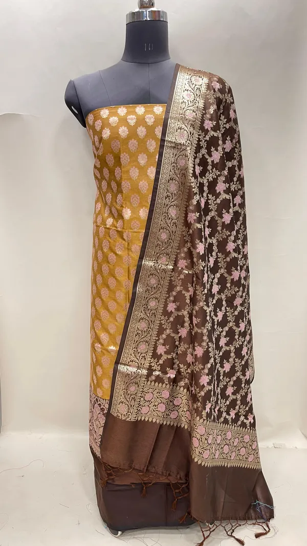 Humairah_Presents_Mustard_Gold_Floral_Zari_Booti_3_pcs_Suit_Set_with_Contrast_Brown_Plain_Bottom_and_Floral_Minakari_Zari_Jaal_Brown_Dupatta_ASD_138