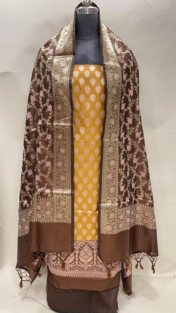 Humairah_Presents_Mustard_Gold_Floral_Zari_Booti_3_pcs_Suit_Set_with_Contrast_Brown_Plain_Bottom_and_Floral_Minakari_Zari_Jaal_Brown_Dupatta_ASD_138
