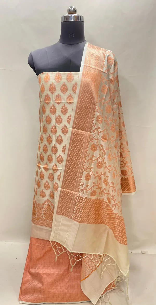 Humairah_Presents_Beige_Semi_Katan_Silk_3_pcs_Suit_Set_with_Plain_Bottom_and_Top_Copper_Floral_Zari_Booti_with_Copper_Zari_Jaal_Dupatta_ASD_101