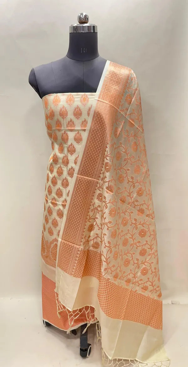Humairah_Presents_Beige_Semi_Katan_Silk_3_pcs_Suit_Set_with_Plain_Bottom_and_Top_Copper_Floral_Zari_Booti_with_Copper_Zari_Jaal_Dupatta_ASD_101