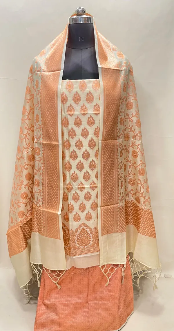Humairah_Presents_Beige_Semi_Katan_Silk_3_pcs_Suit_Set_with_Plain_Bottom_and_Top_Copper_Floral_Zari_Booti_with_Copper_Zari_Jaal_Dupatta_ASD_101