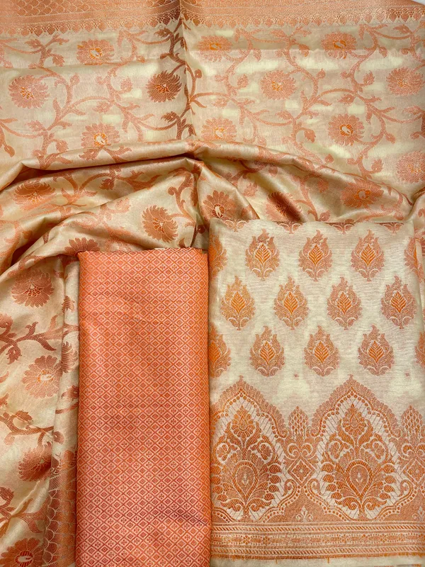 Humairah_Presents_Beige_Semi_Katan_Silk_3_pcs_Suit_Set_with_Plain_Bottom_and_Top_Copper_Floral_Zari_Booti_with_Copper_Zari_Jaal_Dupatta_ASD_101