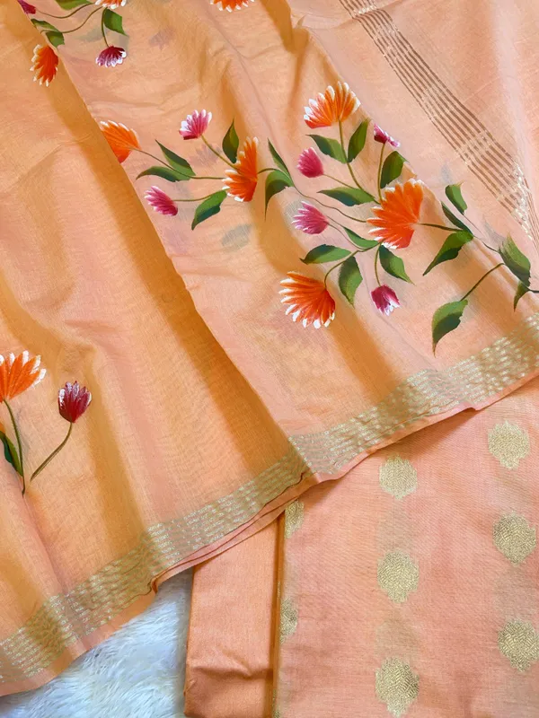 Peach_Pure_Mercerize_Silk_Zari_Booti_3_pcs_Suit_set_with_Handpainted_Dupatta_1000SKL_PM1