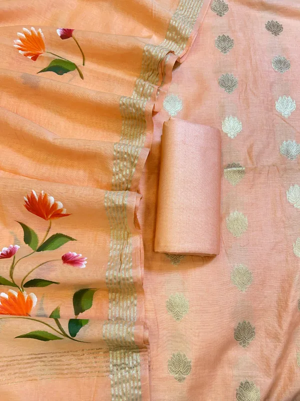 Peach_Pure_Mercerize_Silk_Zari_Booti_3_pcs_Suit_set_with_Handpainted_Dupatta_1000SKL_PM1