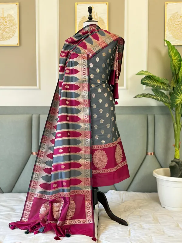 Grey_Katan_Silk_Floral_Zari_Booti_Skirt_Daman_Banarasi_Suit_with_Fancy_Stripe_Dupatta_130PNJ_KS5
