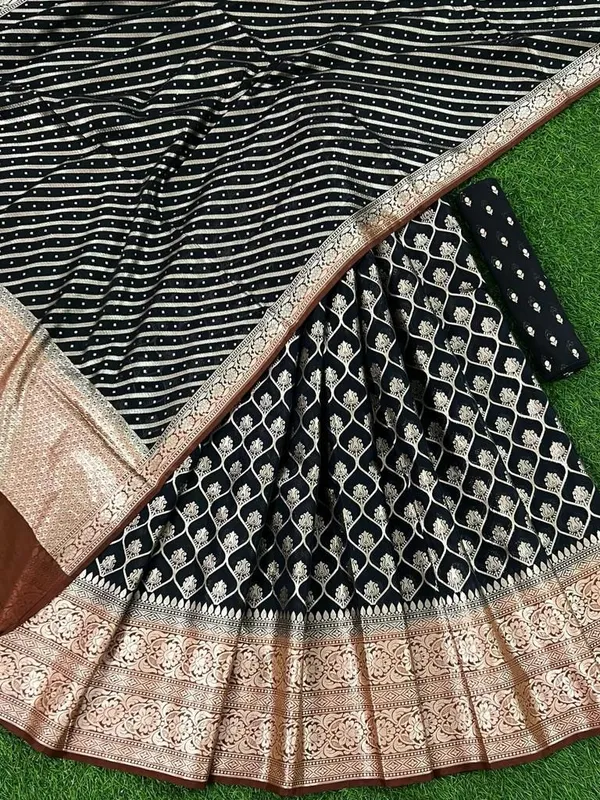 Jet_Black_Chanderi_Lehenga_Set_With_Leheriya_Brown_Border_Dupatta_250PNJ_LNG27