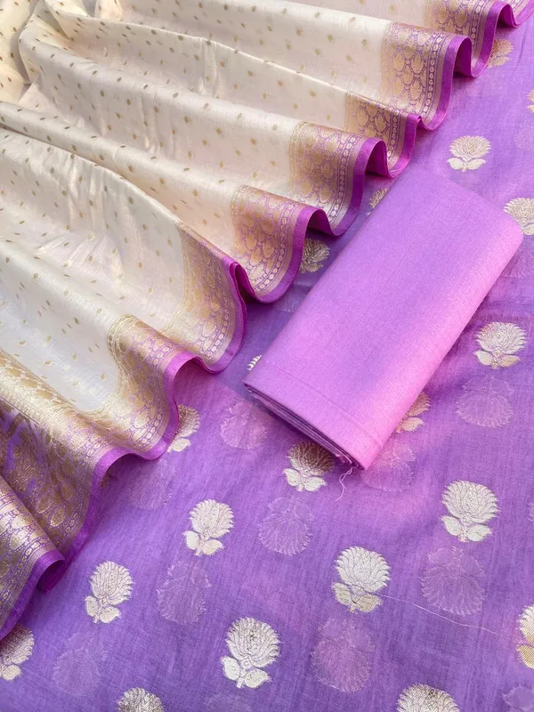 Purple_Mercerised_Lorex_Weave_Booti_With_Off-White_Dupatta_Banarasi_3_Pcs_Suit_Set_Skl_Pml4