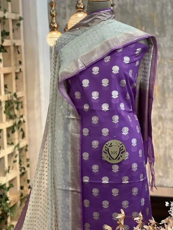 Purple_Mercerised_Lorex_Weave_Booti_With_Off-White_Dupatta_Banarasi_3_Pcs_Suit_Set_Skl_Pml4