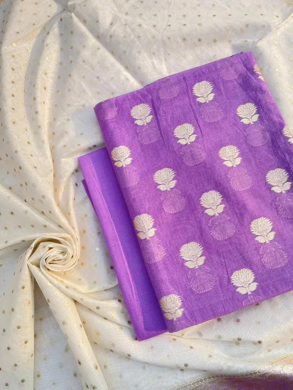 Purple_Mercerised_Lorex_Weave_Booti_With_Off-White_Dupatta_Banarasi_3_Pcs_Suit_Set_Skl_Pml4