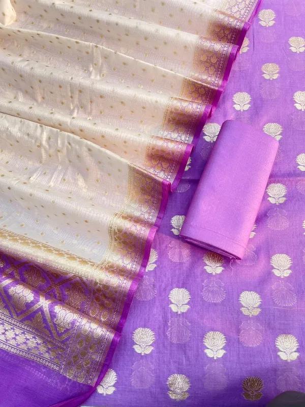 Purple_Mercerised_Lorex_Weave_Booti_With_Off-White_Dupatta_Banarasi_3_Pcs_Suit_Set_Skl_Pml4
