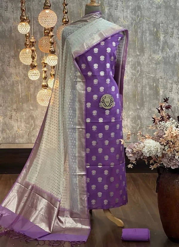 Purple_Mercerised_Lorex_Weave_Booti_With_Off-White_Dupatta_Banarasi_3_Pcs_Suit_Set_Skl_Pml4