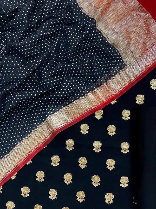 Pure_Mercerized_Lorex_Weave_Zari_Booti_With_Contrast_Red_Border_Chunri_Dupatta_Banarasi_Suit_Skl_Pm12
