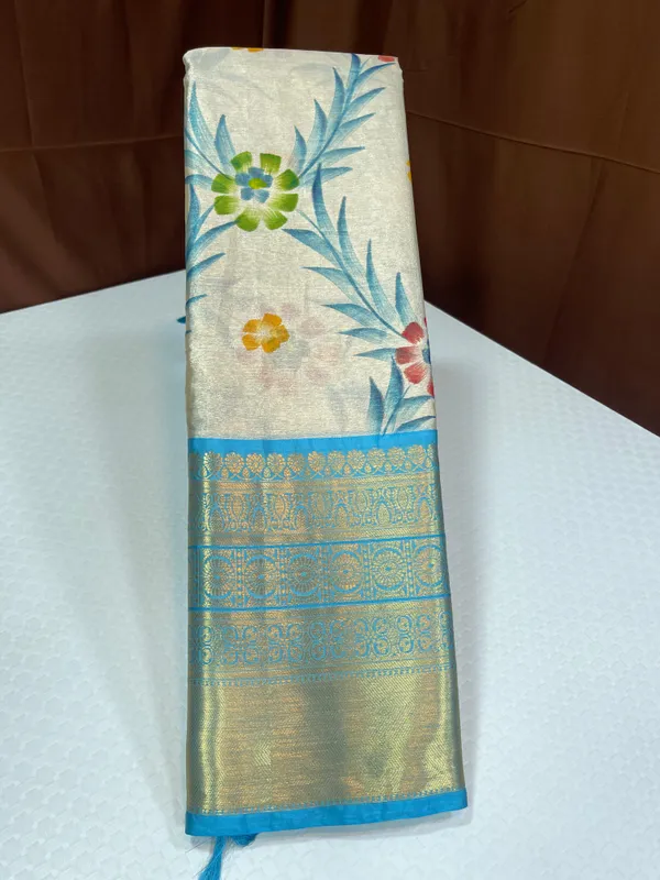 Off_white_Tissue_Silk_Floral_Handpainted_Jaal_Contrast_Blue_Border_Banarasi_Saree_MS_TS28