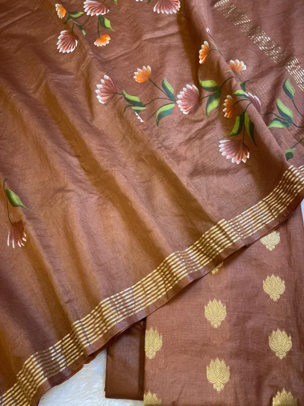 Brown_Pure_Mercerize_Silk_Zari_Booti_3_pcs_Suit_set_with_Handpainted_Dupatta_1000SKL_PM7