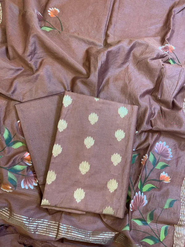 Brown_Pure_Mercerize_Silk_Zari_Booti_3_pcs_Suit_set_with_Handpainted_Dupatta_1000SKL_PM7
